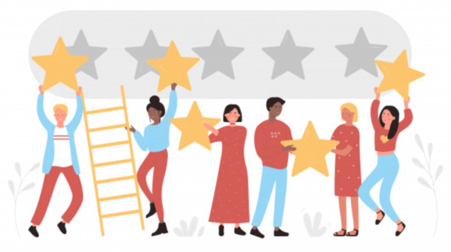 Review stars Graphic of people adding stars to a review bar