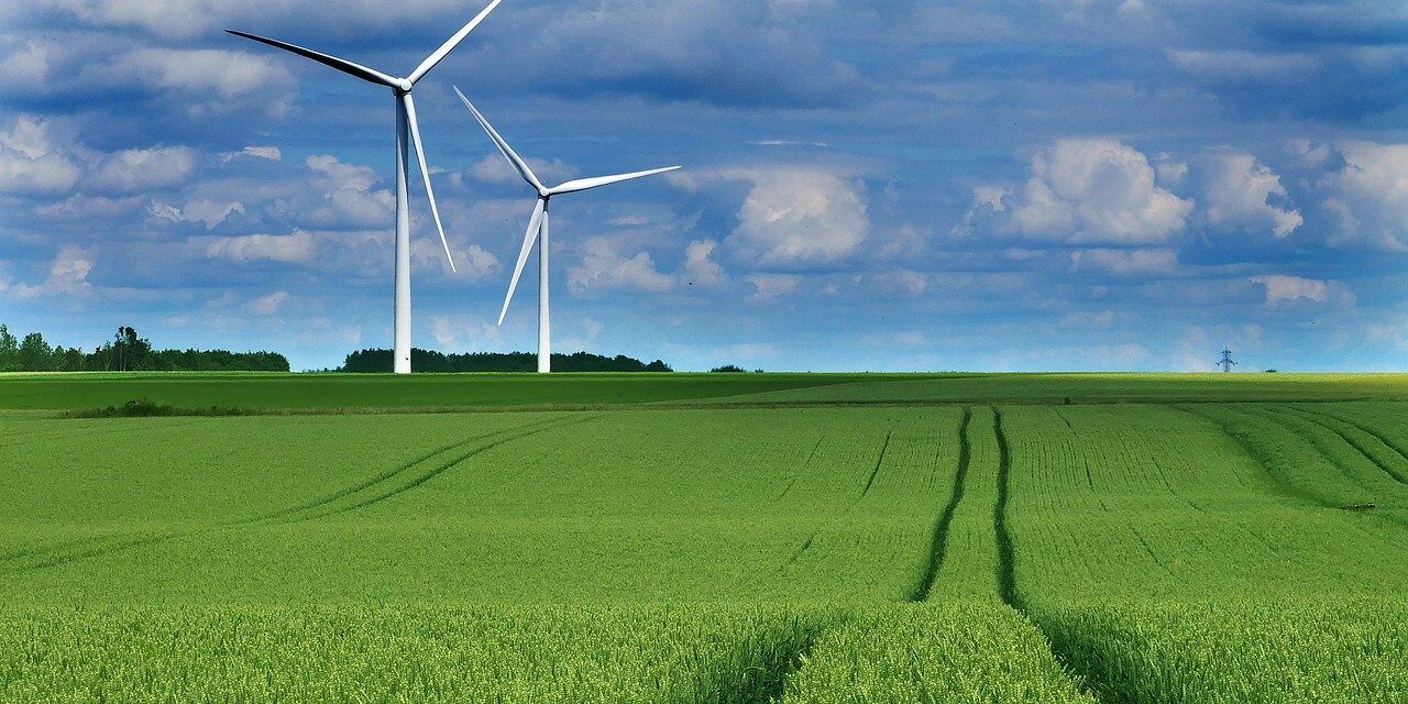 green fields and blue ski with wind turbines